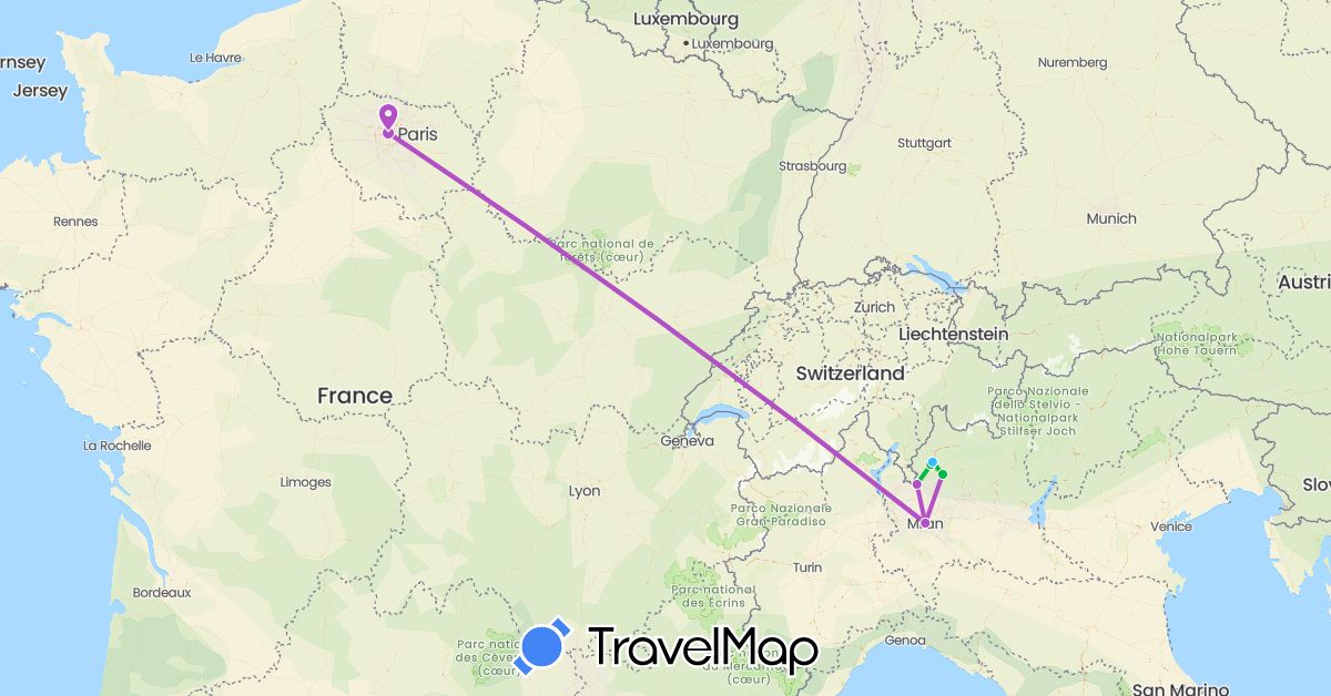 TravelMap itinerary: driving, bus, train, boat in France, Italy (Europe)